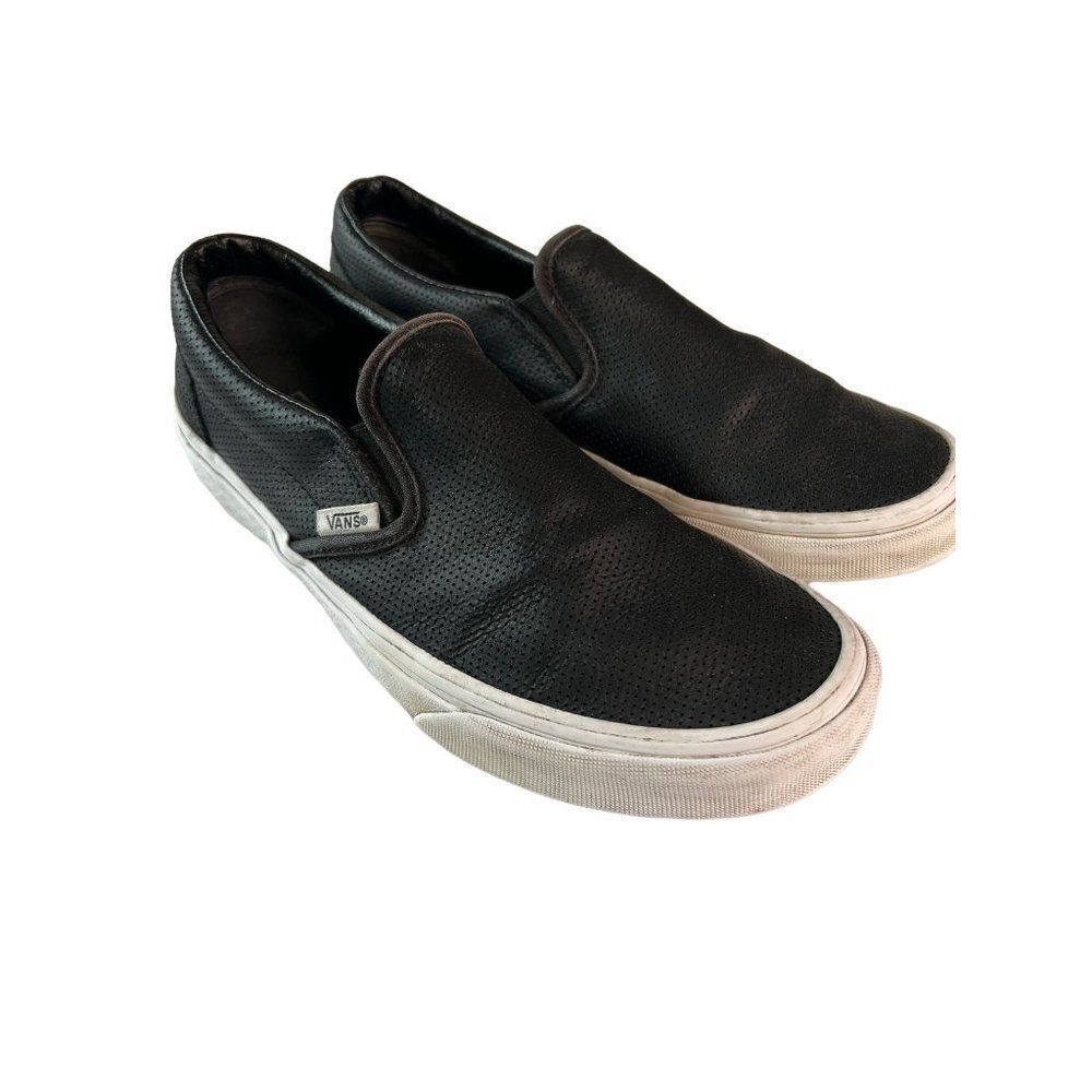 Vans Black Leather Classic Slip On Casual Tennis Shoes. Black. Size M- 6.5  W-8